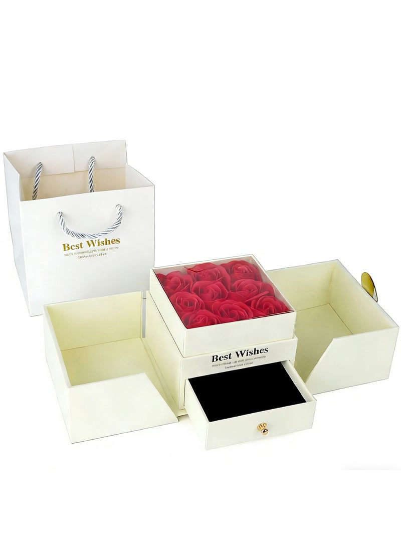 JAYATO Valentine's Day Double-Opening 9 Roses Flower Gift Box for Jewelry Ring, Stud Earrings, Necklace, Pendent and Jewelry Box - White Box (with flowers) + Handbag - Image 2
